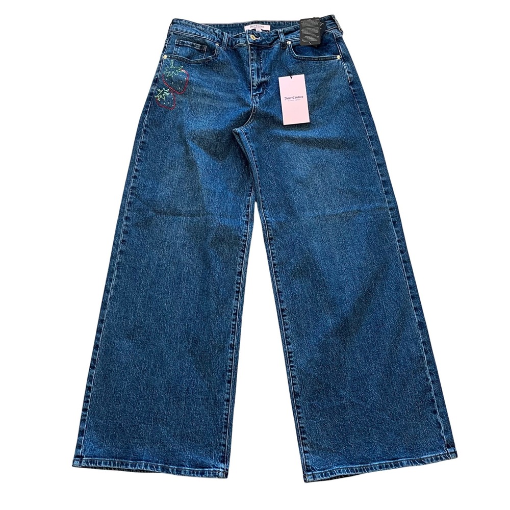 Juicy Couture Wide Leg Jeans Blue Strawberry Rhinestone Logo Denim 13/31 NWT‎